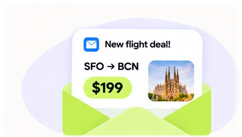Email notification showing a discounted $199 flight deal