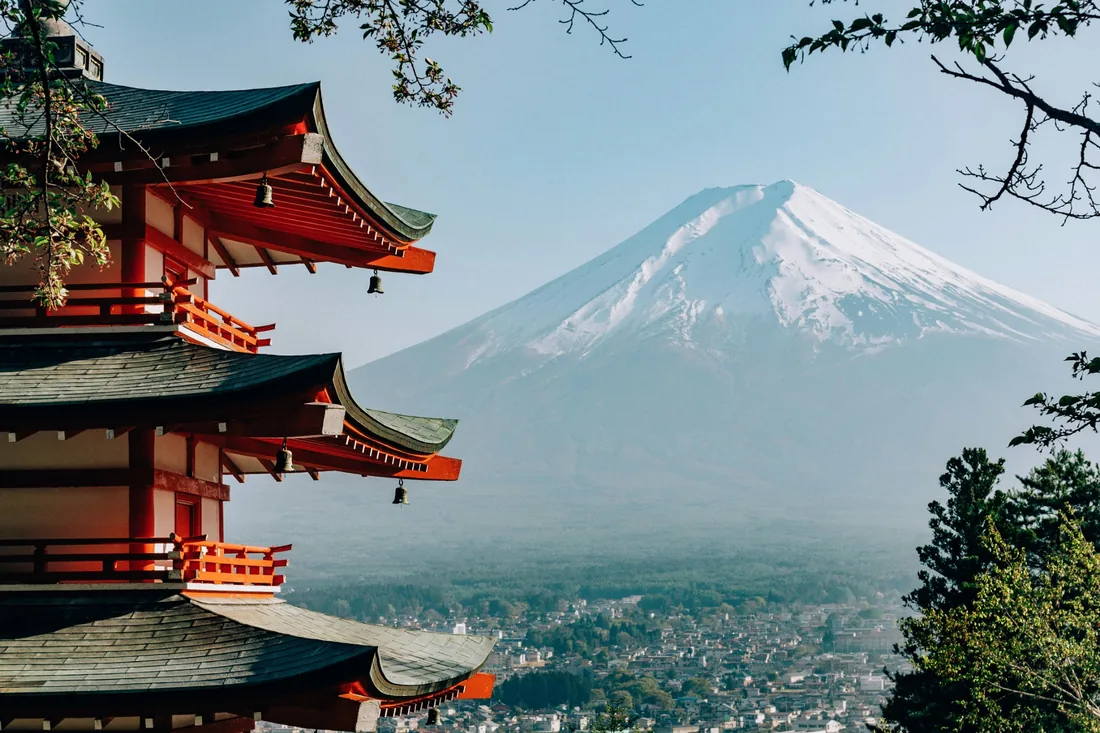 Mount Fuji in Japan with cherry blossoms
